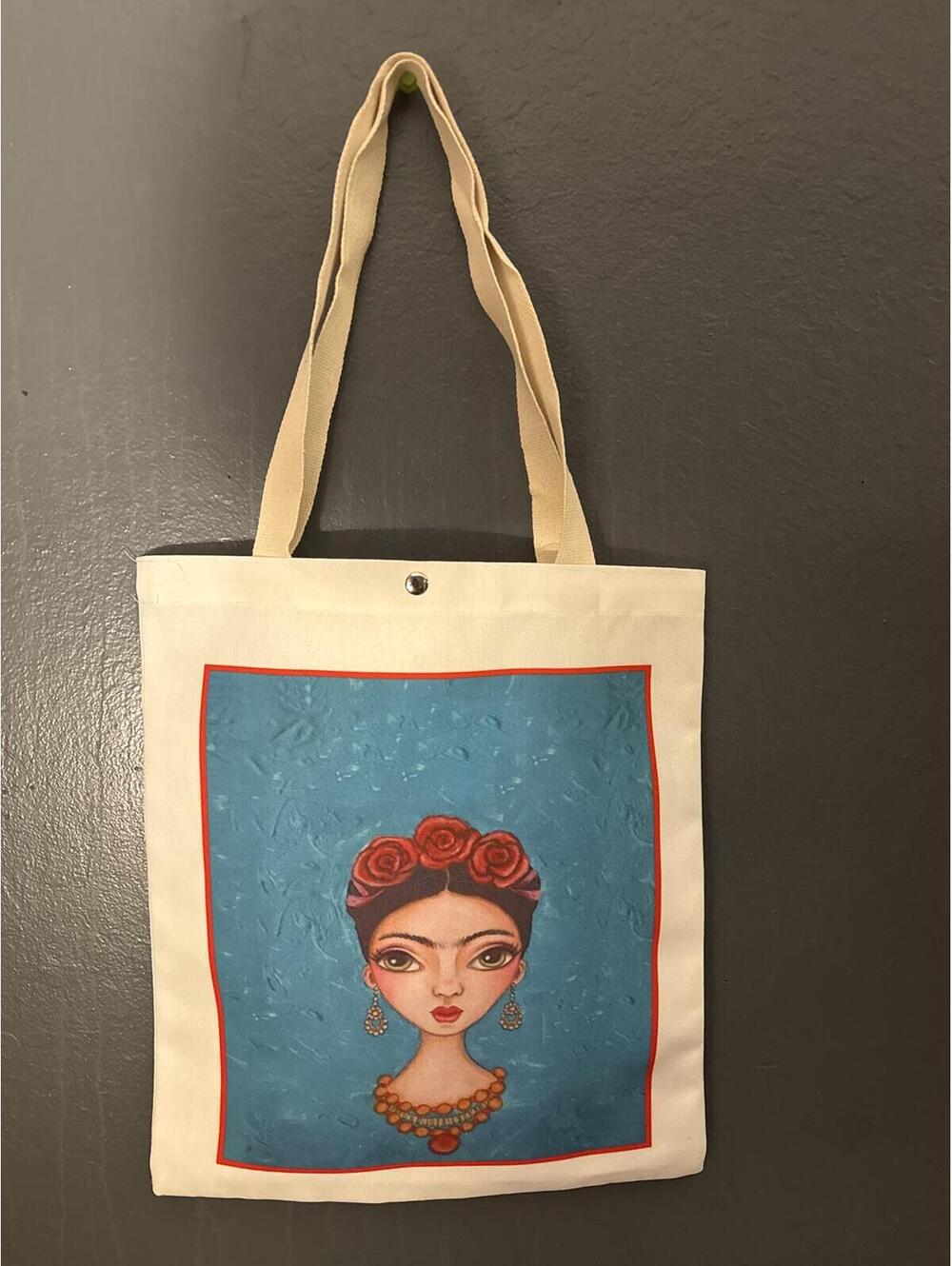 Cream Canvas Tote Bag with Frida-Style Portrait Front Graphic